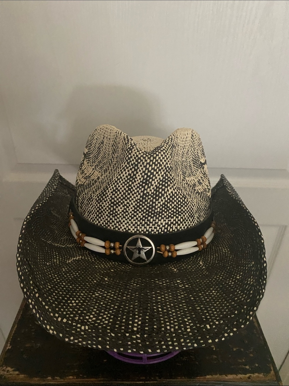 Black and White Western Straw Cowboy Hat with Star Concho 100% natural Fiber
